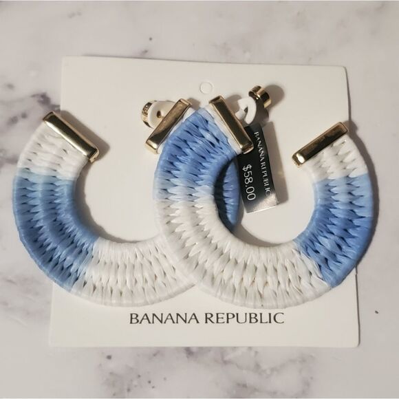 Banana Republic Blue and White Ombre Woven Seagrass Hoop Earrings - Picture 2 of 4